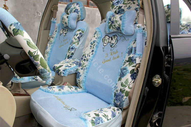 Floral print Lace Bowknot Universal Auto Car Seat Cover Set 21pcs ice silk - Blue