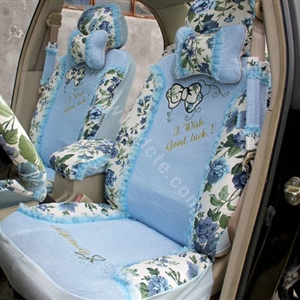 Floral print Lace Bowknot Universal Auto Car Seat Cover Set 21pcs ice silk - Blue
