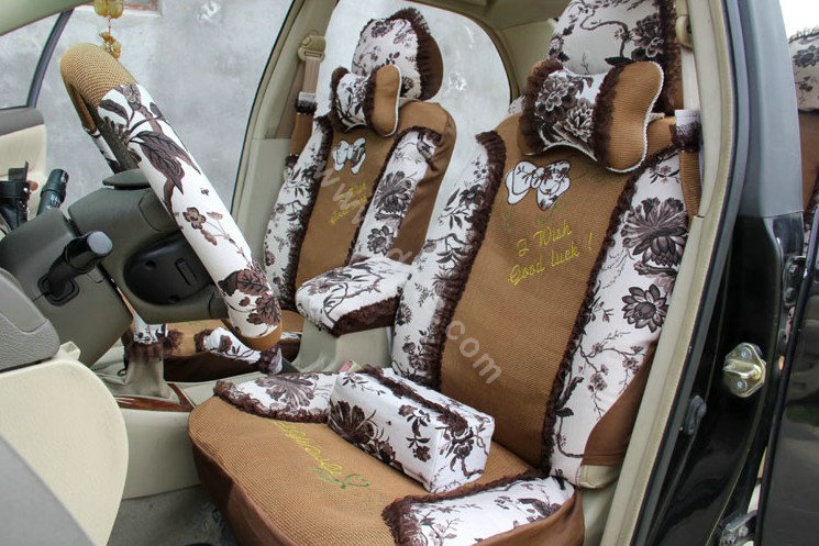 Floral print Lace Bowknot Universal Auto Car Seat Cover Set 21pcs ice silk - Coffee