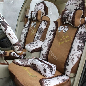 Floral print Lace Bowknot Universal Auto Car Seat Cover Set 21pcs ice silk - Coffee