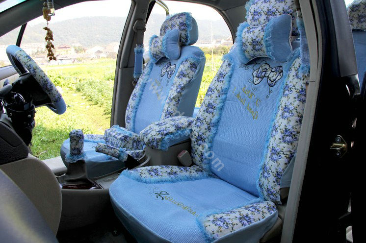 Floral print Lace Bowknot Universal Auto Car Seat Cover Set 21pcs ice silk - Deep Blue