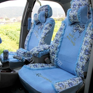 Floral print Lace Bowknot Universal Auto Car Seat Cover Set 21pcs ice silk - Deep Blue
