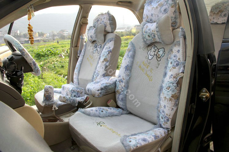 Floral print Lace Bowknot Universal Auto Car Seat Cover Set 21pcs ice silk - Gray