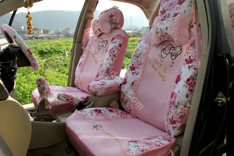 Floral print Lace Bowknot Universal Auto Car Seat Cover Set 21pcs ice silk - Pink