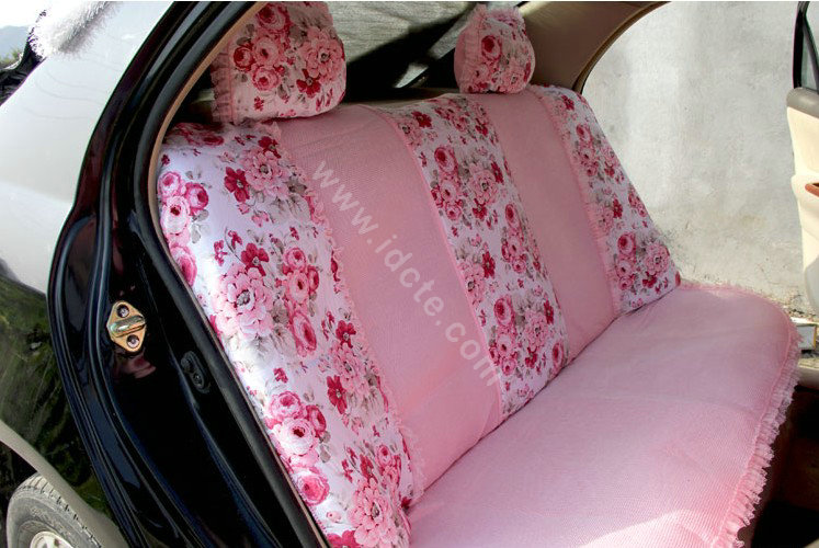 Floral print Lace Bowknot Universal Auto Car Seat Cover Set 21pcs ice silk - Pink