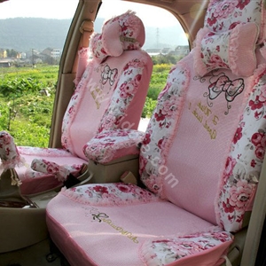 Floral print Lace Bowknot Universal Auto Car Seat Cover Set 21pcs ice silk - Pink