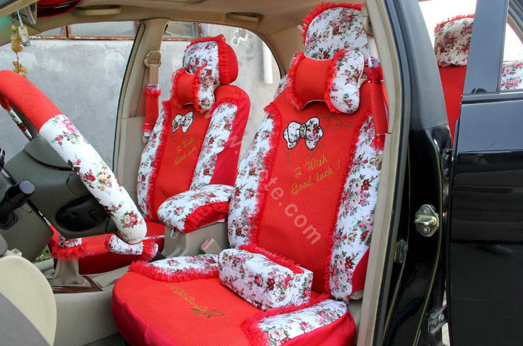Floral print Lace Bowknot Universal Auto Car Seat Cover Set 21pcs ice silk - Red