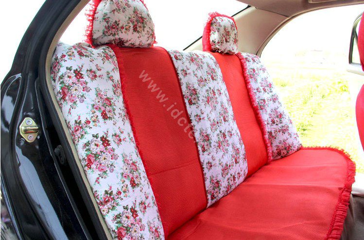 Floral print Lace Bowknot Universal Auto Car Seat Cover Set 21pcs ice silk - Red