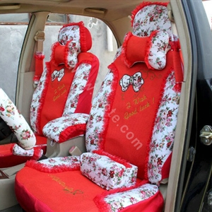 Floral print Lace Bowknot Universal Auto Car Seat Cover Set 21pcs ice silk - Red