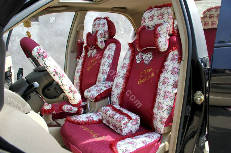 Floral print Lace Bowknot Universal Auto Car Seat Cover Set 21pcs ice silk - Rose