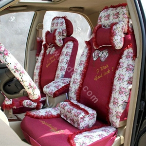 Floral print Lace Bowknot Universal Auto Car Seat Cover Set 21pcs ice silk - Rose