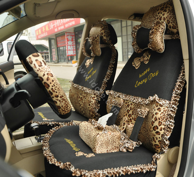 Leopard Lace Universal Auto Car Seat Cover Set 21pcs ice silk - Beige Black