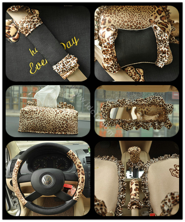 Leopard Lace Universal Auto Car Seat Cover Set 21pcs ice silk - Beige Black
