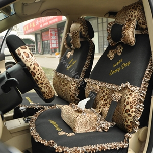 Leopard Lace Universal Auto Car Seat Cover Set 21pcs ice silk - Beige Black
