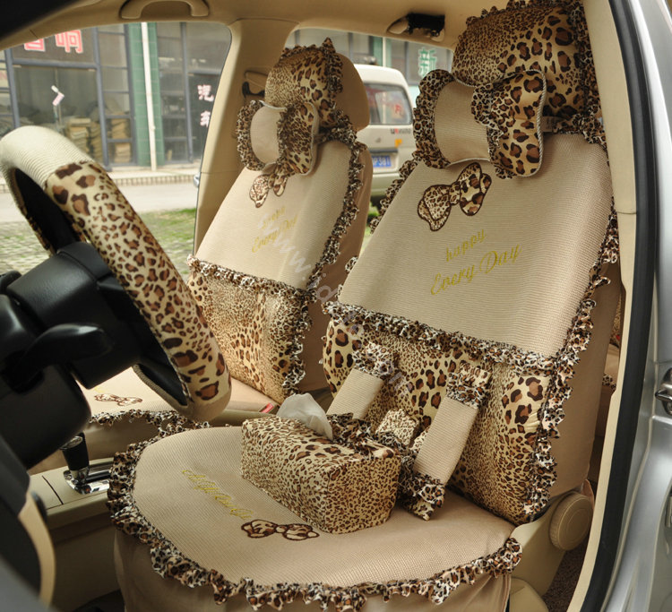 Leopard Lace Universal Auto Car Seat Cover Set 21pcs ice silk - Beige