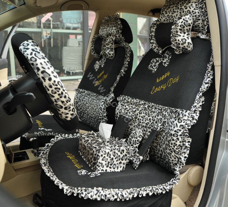 Leopard Lace Universal Auto Car Seat Cover Set 21pcs ice silk - Black
