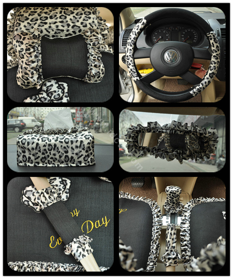 Leopard Lace Universal Auto Car Seat Cover Set 21pcs ice silk - Black