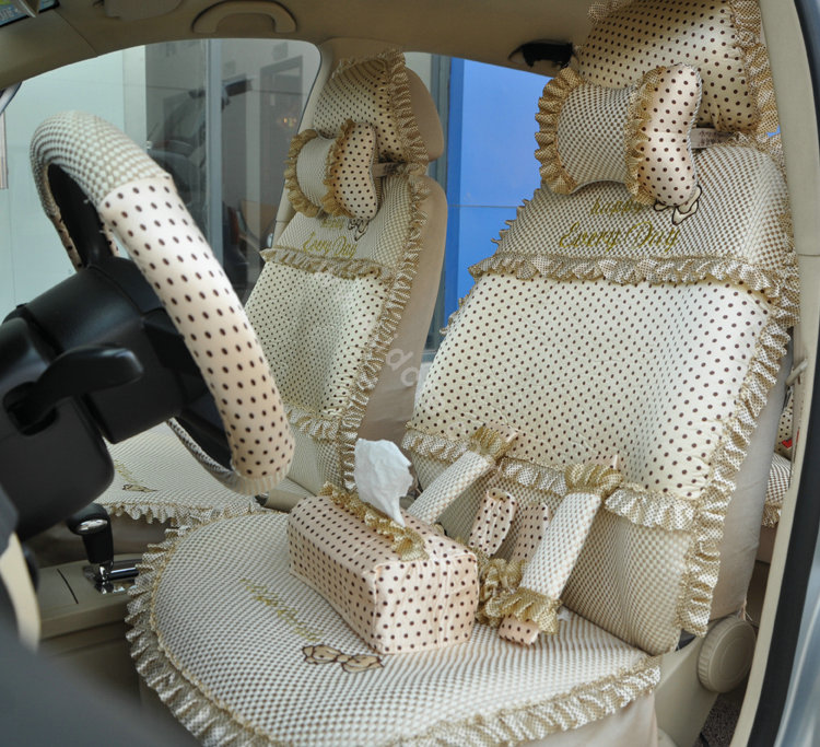 Round dot Lace Universal Auto Car Seat Cover Set 21pcs ice silk - Beige