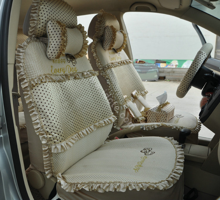 Round dot Lace Universal Auto Car Seat Cover Set 21pcs ice silk - Beige