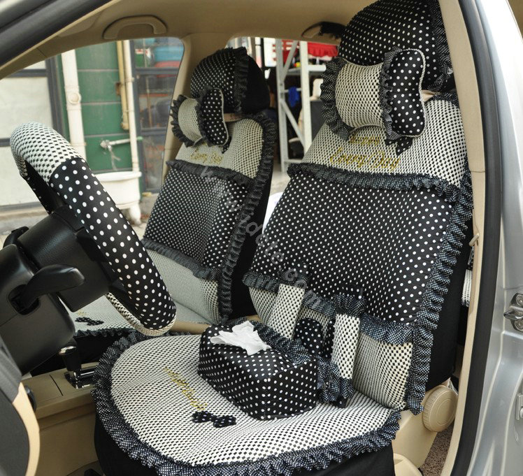 Round dot Lace Universal Auto Car Seat Cover Set 21pcs ice silk - Black