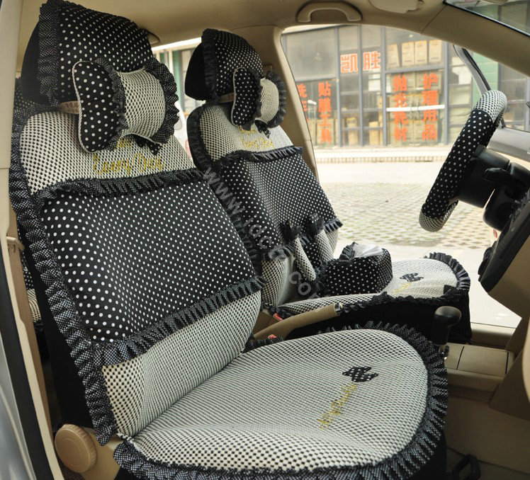 Round dot Lace Universal Auto Car Seat Cover Set 21pcs ice silk - Black