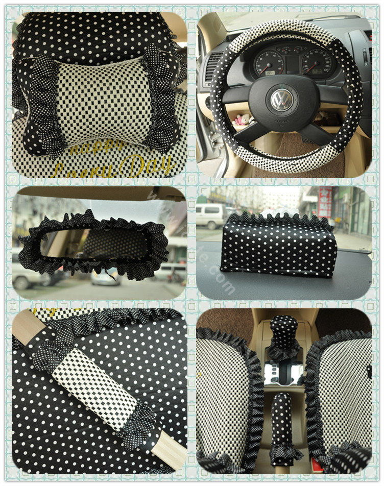 Round dot Lace Universal Auto Car Seat Cover Set 21pcs ice silk - Black