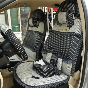 Round dot Lace Universal Auto Car Seat Cover Set 21pcs ice silk - Black