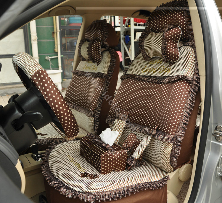 Round dot Lace Universal Auto Car Seat Cover Set 21pcs ice silk - Coffee