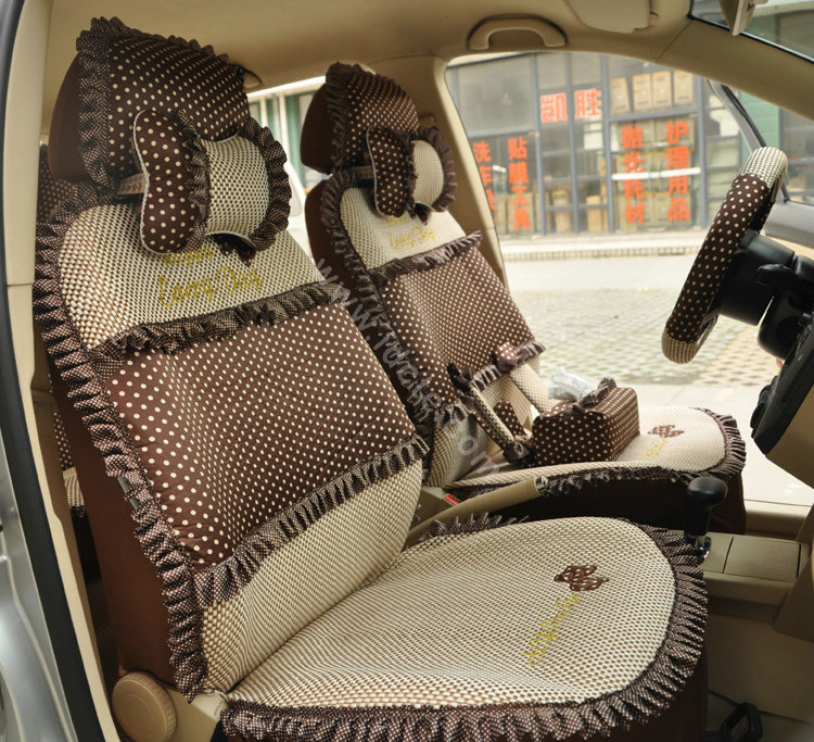 Round dot Lace Universal Auto Car Seat Cover Set 21pcs ice silk - Coffee