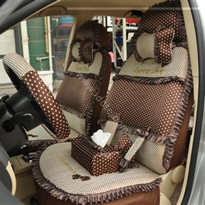 Round dot Lace Universal Auto Car Seat Cover Set 21pcs ice silk - Coffee