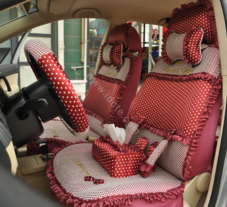 Round dot Lace Universal Auto Car Seat Cover Set 21pcs ice silk - Red