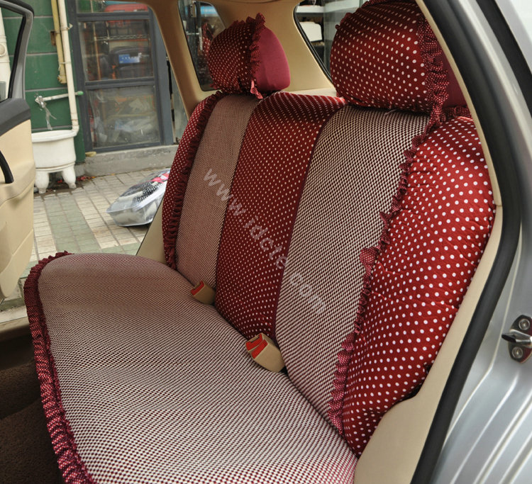 Round dot Lace Universal Auto Car Seat Cover Set 21pcs ice silk - Red