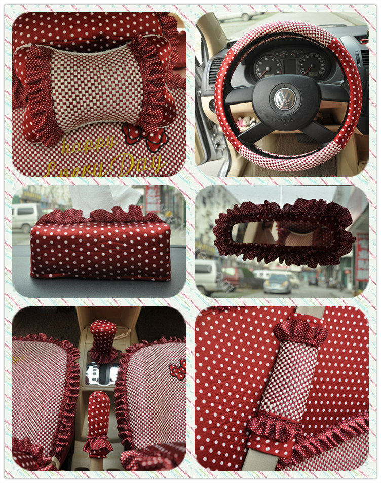 Round dot Lace Universal Auto Car Seat Cover Set 21pcs ice silk - Red