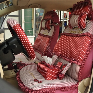 Round dot Lace Universal Auto Car Seat Cover Set 21pcs ice silk - Red