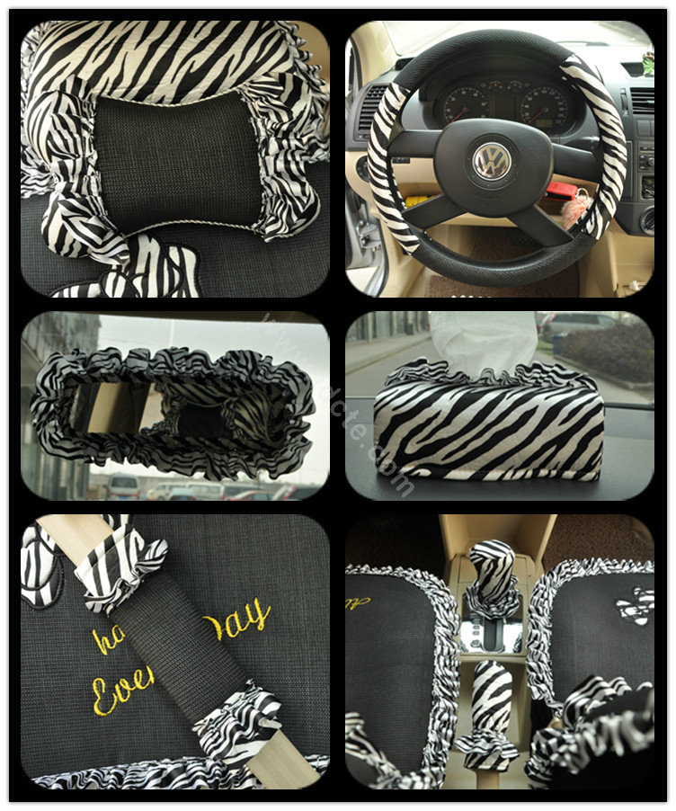 Zebra Lace Universal Auto Car Seat Cover Set 21pcs ice silk - Black