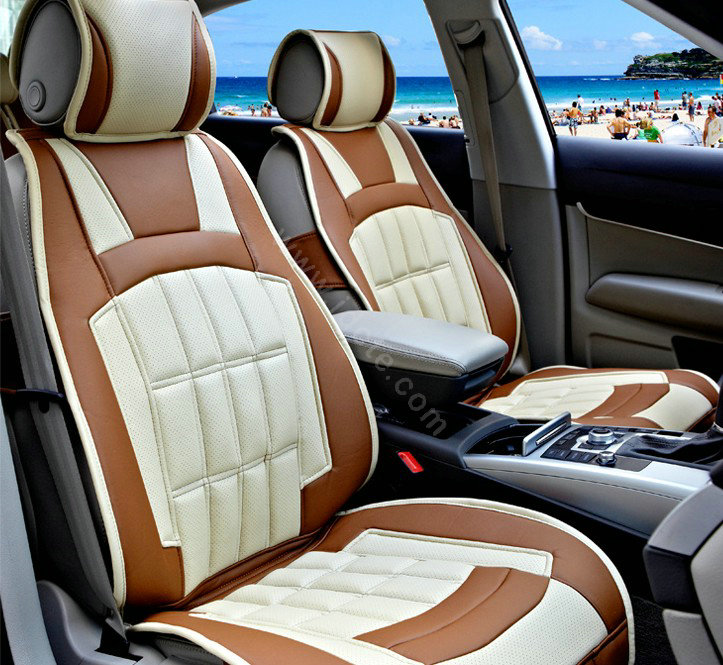 FORTUNE Custom Auto Car Seat Cover Cushion Set artificial leather - Beige Coffee
