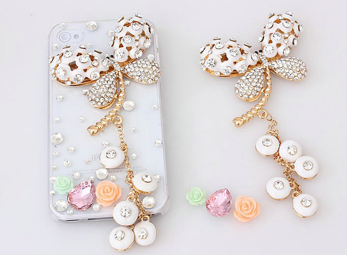 Alloy Dragonfly Crystal Metal DIY Phone Case Cover Deco Kit - White