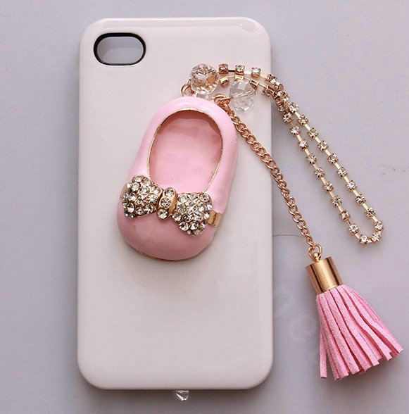 Crystal shoes Alloy Tassel Metal DIY Phone Case Cover Deco Kit - Pink