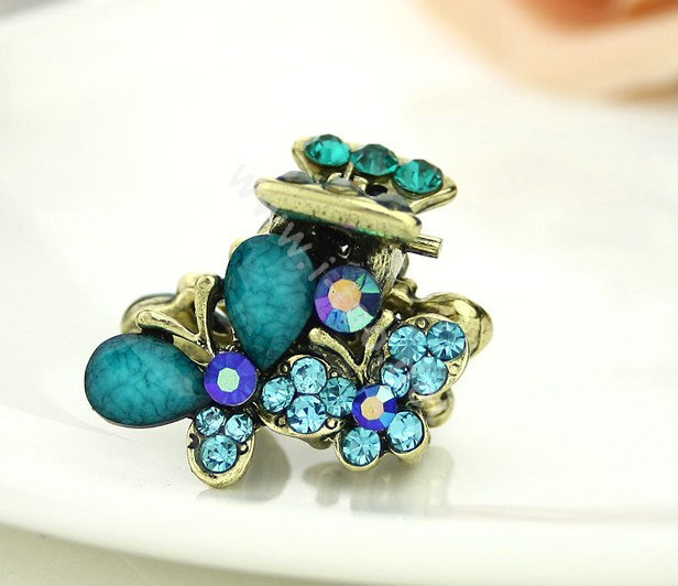 Hair Jewelry Crystal Butterfly Gold Plated Metal Rhinestone Hair Clip Claw Clamp - Blue