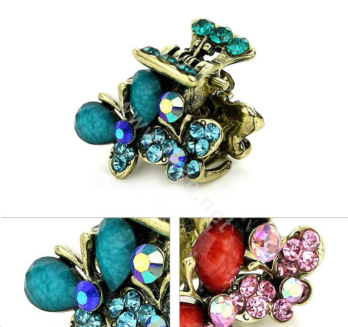 Hair Jewelry Crystal Butterfly Gold Plated Metal Rhinestone Hair Clip Claw Clamp - Blue
