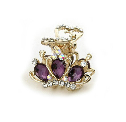Hair Jewelry Crystal Crown Gold Plated Metal Rhinestone Hair Clip Claw Clamp - Purple