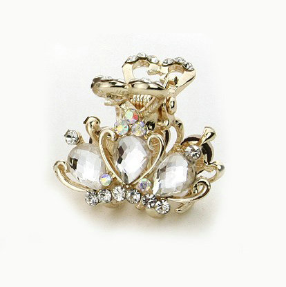 Hair Jewelry Crystal Crown Gold Plated Metal Rhinestone Hair Clip Claw Clamp - White