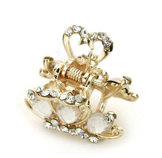 Hair Jewelry Crystal Crown Gold Plated Metal Rhinestone Hair Clip Claw Clamp - White