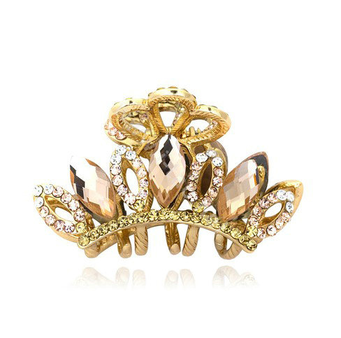 Hair Jewelry Crystal Rhinestone Crown Gold Plated Metal Hair Clip Claw Clamp - Champagne