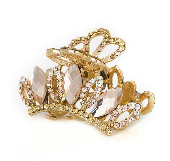Hair Jewelry Crystal Rhinestone Crown Gold Plated Metal Hair Clip Claw Clamp - Champagne