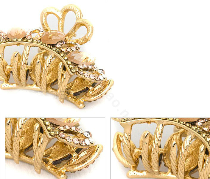 Hair Jewelry Crystal Rhinestone Crown Gold Plated Metal Hair Clip Claw Clamp - Champagne