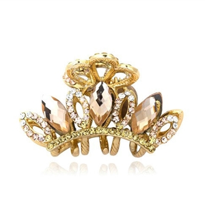 Hair Jewelry Crystal Rhinestone Crown Gold Plated Metal Hair Clip Claw Clamp - Champagne