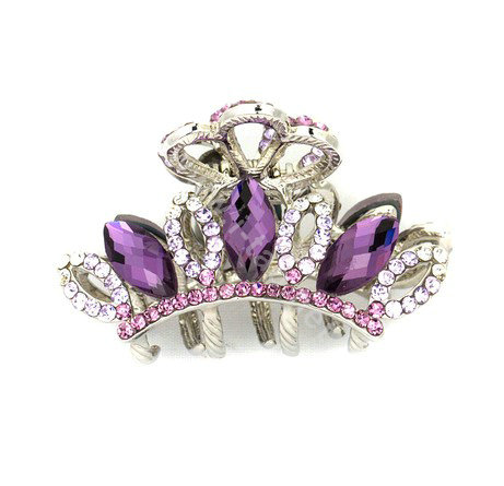 Hair Jewelry Crystal Rhinestone Crown Gold Plated Metal Hair Clip Claw Clamp - Purple