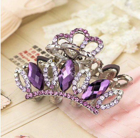 Hair Jewelry Crystal Rhinestone Crown Gold Plated Metal Hair Clip Claw Clamp - Purple