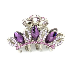 Hair Jewelry Crystal Rhinestone Crown Gold Plated Metal Hair Clip Claw Clamp - Purple